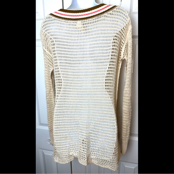 WE THE FREE People Varsity Sweater Open Knit VNeck Stripe Ivory Cream Pink Brown - Picture 7 of 11
